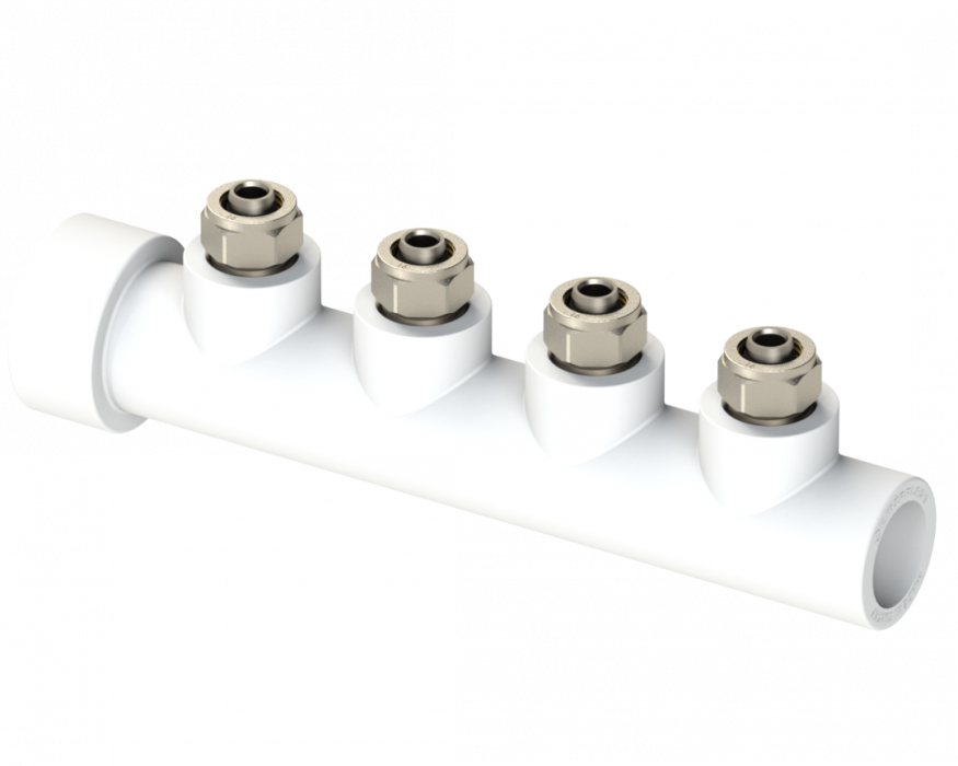 Коллектор PP для PEX с 4-мя выходом Dу 40X16 - белый, никелированный, SPL-EmirPlast