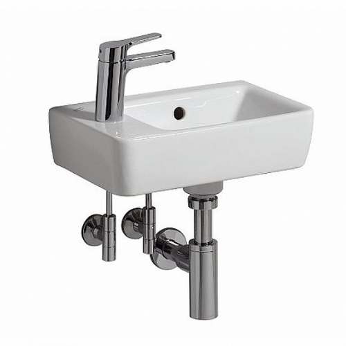 Раковина Geberit Renova Compact, с укороченным вылетом: Белый, B=40см, H=15см, T=25см, Отверстие под смеситель=Левая, Перелив=На виду, Полка=Без
