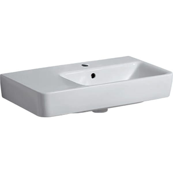 Раковина Geberit Renova Compact с полкой: B=65см, T=37см, Отверстие под смеситель=По центру, Перелив=На виду, Полка=Левая, Белый