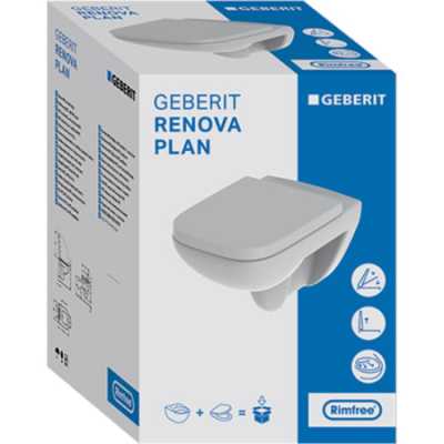 Комплект подвесного унитаза Geberit Renova Plan, Rimfree, с сиденьем, Функция плавного опускания=Да,T=54см, Белый