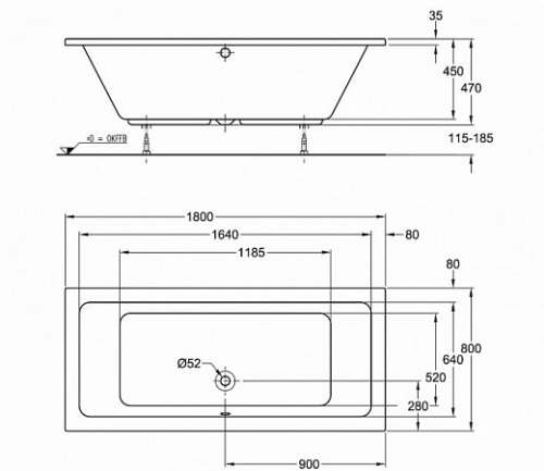 Прямоугольная ванна Geberit Tawa, Duo: L=180см, B=80см