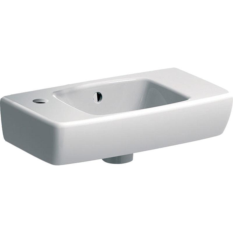 Раковина Geberit Renova Compact с укороченным вылетом, с полкой: Белый, B=45см, H=14.5см, T=25см, Отверстие под смеситель=Левая, Перелив=На виду, Полка=Правая