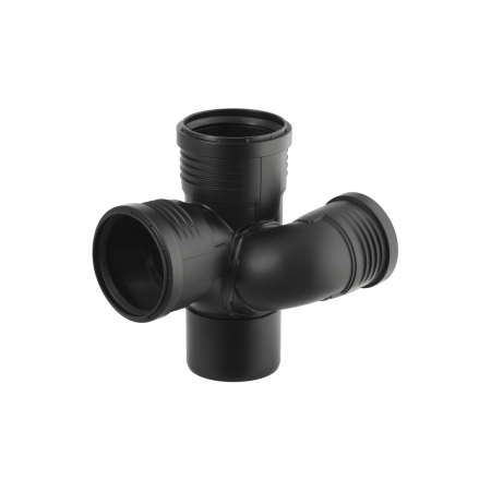 Крестовина Geberit Silent-PP, левая со смещенным впуском и дополнительным отводом 87,5°: d=110мм, d1=75мм, d2=110мм