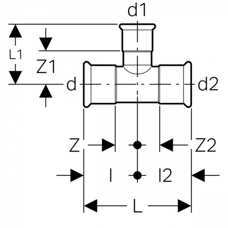 Тройник переходной Mapress из нержавеющей стали: d=108мм, d1=22мм, d2=108мм, Geberit