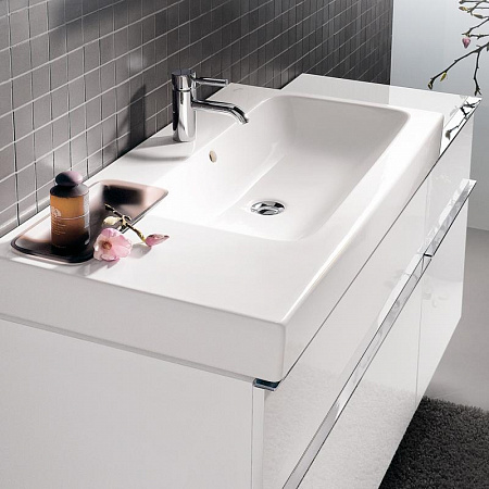 Раковина Geberit iCon с полкой и декоративной чашей: B=90см, T=48.5см, Отверстие под смеситель=По центру, Перелив=На виду, Полка=Левая, Белый