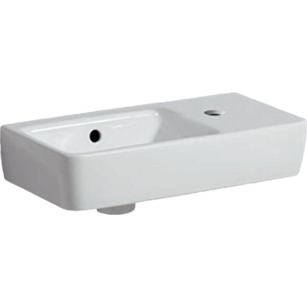 Раковина Geberit Renova Compact, с укороченным вылетом: Белый, B=50см, H=15см, T=25см, Отверстие под смеситель=Правая, Перелив=На виду, Полка=Без