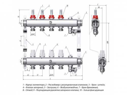 Коллектор нержавеющая сталь Wester 1"-3/4 в сборе с расходомерами на 12 выходов
