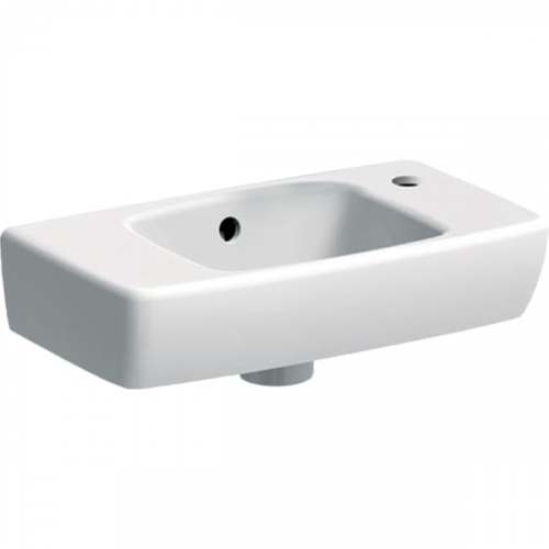 Раковина Geberit Renova Compact с укороченным вылетом, с полкой: Белый, B=45см, H=14.5см, T=25см, Отверстие под смеситель=Правая, Перелив=На виду, Полка=Левая