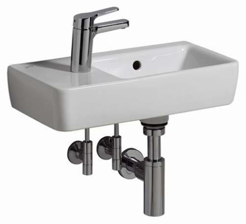 Раковина Geberit Renova Compact, с укороченным вылетом: Белый, B=50см, H=15см, T=25см, Отверстие под смеситель=Левая, Перелив=На виду, Полка=Без