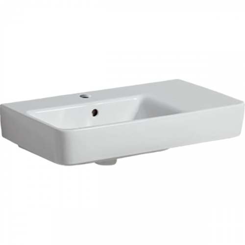 Раковина Geberit Renova Compact с полкой: B=65см, T=37см, Отверстие под смеситель=По центру, Перелив=На виду, Полка=Правая, Белый