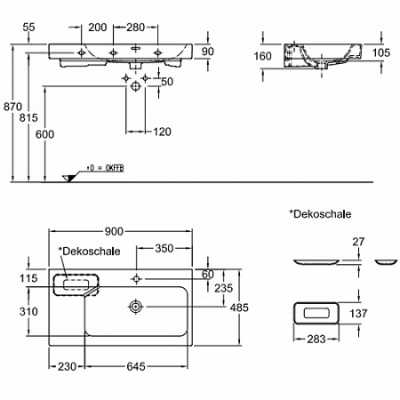 Раковина Geberit iCon с полкой и декоративной чашей: B=90см, T=48.5см, Отверстие под смеситель=По центру, Перелив=На виду, Полка=Левая, Белый
