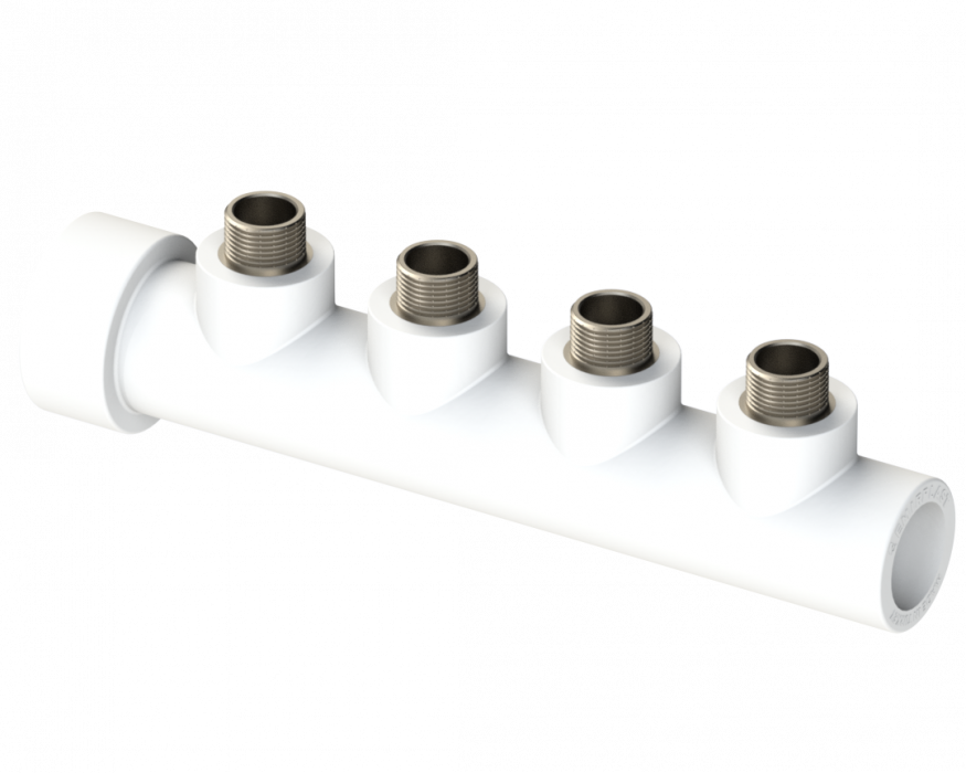Коллектор PP НР с 4-мя выходом Dу 50X3/4" - белый, никелированный, SPL-EmirPlast
