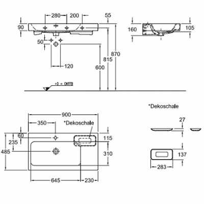 Раковина Geberit iCon с полкой и декоративной чашей: B=90см, T=48.5см, Отверстие под смеситель=По центру, Перелив=На виду, Полка=Правая, Белый