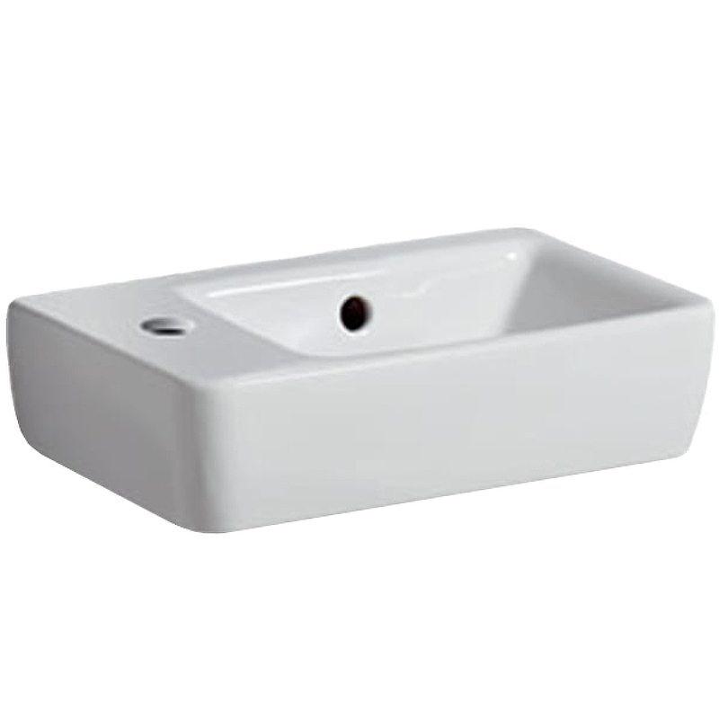 Раковина Geberit Renova Compact, с укороченным вылетом: Белый, B=40см, H=15см, T=25см, Отверстие под смеситель=Левая, Перелив=На виду, Полка=Без