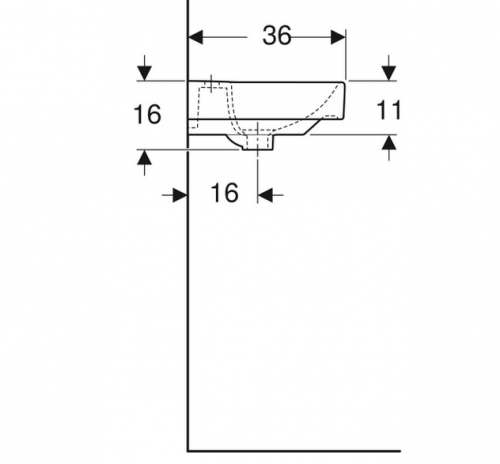 Раковина Smyle Square с асимметричным переливом: 45x15.5x36см, Белый, Отверстие под смеситель=По центру, Перелив=На виду, Geberit