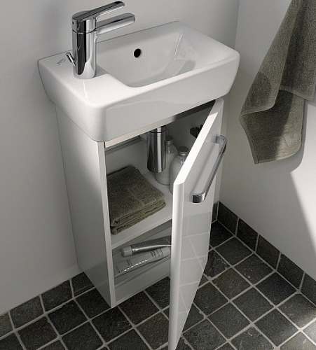 Раковина Geberit Renova Compact, с укороченным вылетом: Белый, B=40см, H=15см, T=25см, Отверстие под смеситель=Левая, Перелив=На виду, Полка=Без