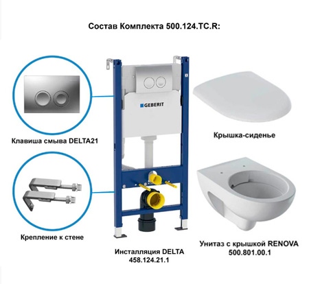Инсталляция Geberit с безободковым унитазом Geberit Renova, Rimfreet, 500.124.TC.R, белая клавиша, сиденье микролифт, комплект Идеальная пара