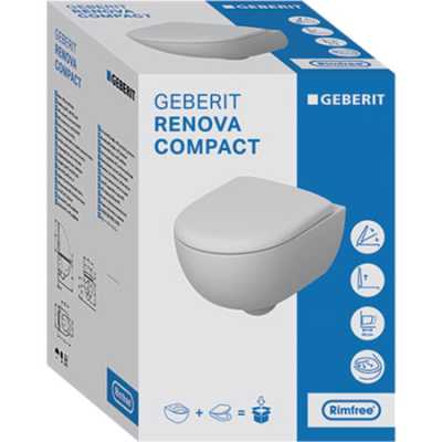 Комплект подвесного унитаза Geberit Renova Compact, с укороченным вылетом, закрытая форма, Rimfree, с сиденьем для унитаза: T=49см, Белый