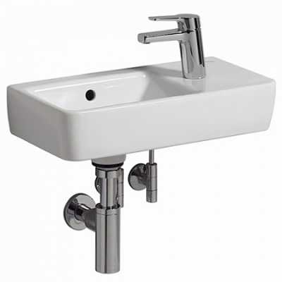 Раковина Geberit Renova Compact, с укороченным вылетом: Белый, B=50см, H=15см, T=25см, Отверстие под смеситель=Правая, Перелив=На виду, Полка=Без