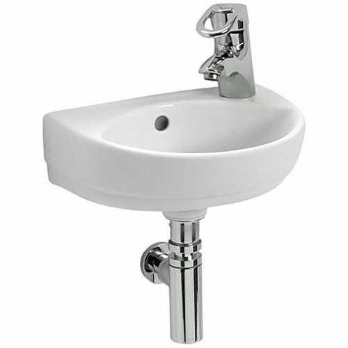 Раковина Geberit Renova с укороченным вылетом: Белый, B=36см, H=14.8см, T=25см, Отверстие под смеситель=Правая, Перелив=На виду