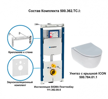 Инсталляция Geberit с унитазом Geberit iCon, 500.362.TC.I, сиденье микролифт, комплект Идеальная пара