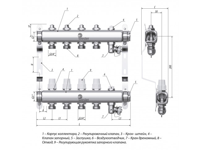 Коллектор нержавеющая сталь Wester 1"-3/4 в сборе на 10 выходов с 2 заглушками