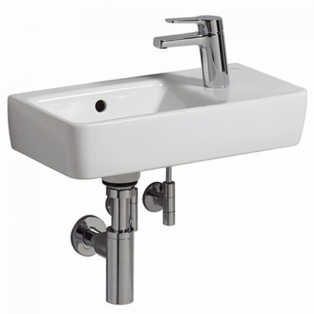 Раковина Geberit Renova Compact, с укороченным вылетом: Белый, B=50см, H=15см, T=25см, Отверстие под смеситель=Правая, Перелив=На виду, Полка=Без
