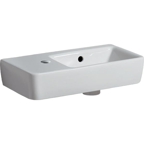 Раковина Geberit Renova Compact, с укороченным вылетом: Белый, B=50см, H=15см, T=25см, Отверстие под смеситель=Левая, Перелив=На виду, Полка=Без