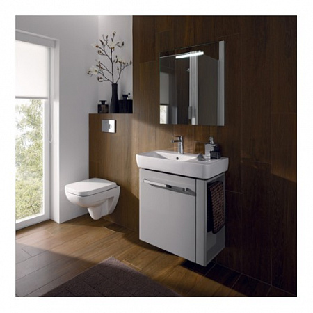 Раковина Geberit Renova Compact с полкой: B=65см, T=37см, Отверстие под смеситель=По центру, Перелив=На виду, Полка=Правая, Белый