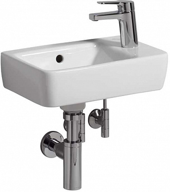 Раковина Geberit Renova Compact, с укороченным вылетом: Белый, B=40см, H=15см, T=25см, Отверстие под смеситель=Правая, Перелив=На виду, Полка=Без