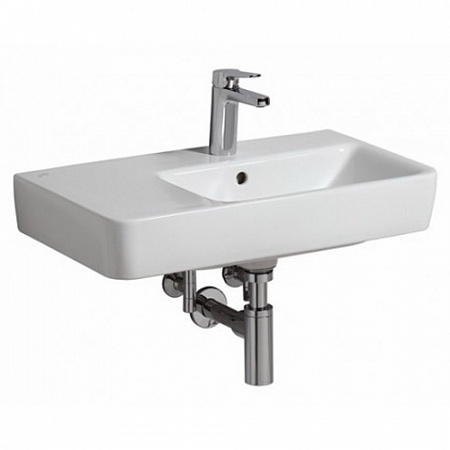 Раковина Geberit Renova Compact с полкой: B=65см, T=37см, Отверстие под смеситель=По центру, Перелив=На виду, Полка=Левая, Белый