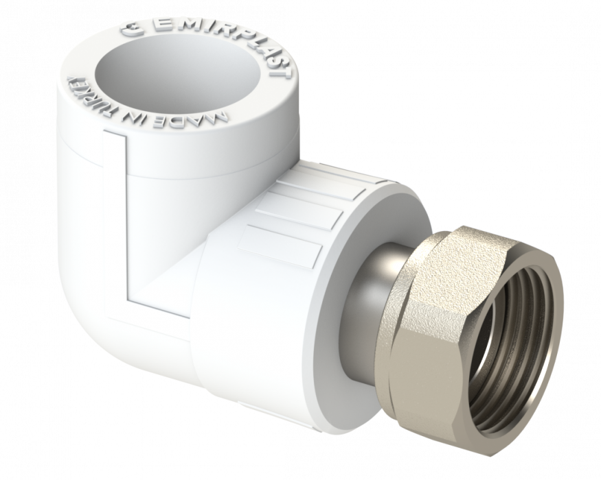 Угольник PP с накидной гайкой Dу 20X1/2'' - белый, никелированный, SPL-EmirPlast