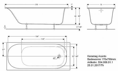 Прямоугольная ванна Geberit Soana, узкий край: L=170см, B=75см