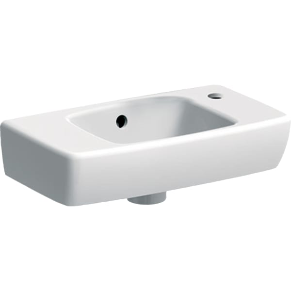 Раковина Geberit Renova Compact с укороченным вылетом, с полкой: Белый, B=45см, H=14.5см, T=25см, Отверстие под смеситель=Правая, Перелив=На виду, Полка=Левая