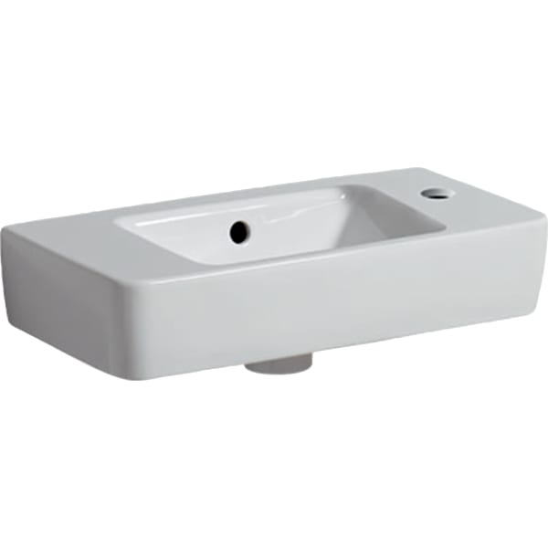 Раковина Geberit Renova Compact, с укороченным вылетом, с полкой: Белый, B=50см, H=15см, T=25см, Отверстие под смеситель=Правая, Перелив=На виду, Полка=Левая