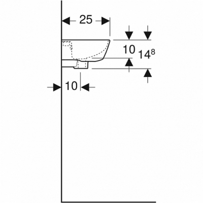Раковина Geberit Renova с укороченным вылетом: Белый, B=36см, H=14.8см, T=25см, Отверстие под смеситель=Правая, Перелив=На виду