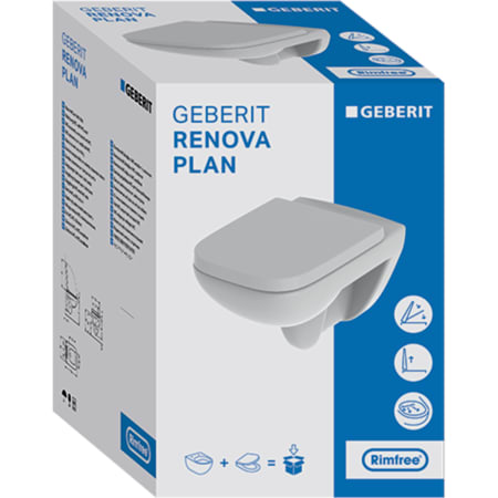 Комплект подвесного унитаза Geberit Renova Plan, Rimfree, с сиденьем, Функция плавного опускания=Да,T=54см, Белый
