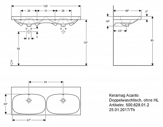 Двойная раковина Acanto: 120x48см, Отверстие под смеситель=Без, Перелив=На виду, Белый, Geberit