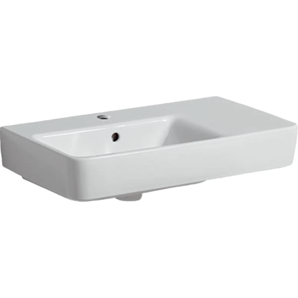 Раковина Geberit Renova Compact с полкой: B=65см, T=37см, Отверстие под смеситель=По центру, Перелив=На виду, Полка=Правая, Белый