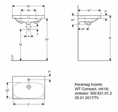 Раковина Acanto с укороченным вылетом: 60x42см, Отверстие под смеситель=По центру, Перелив=На виду, Белый, Geberit