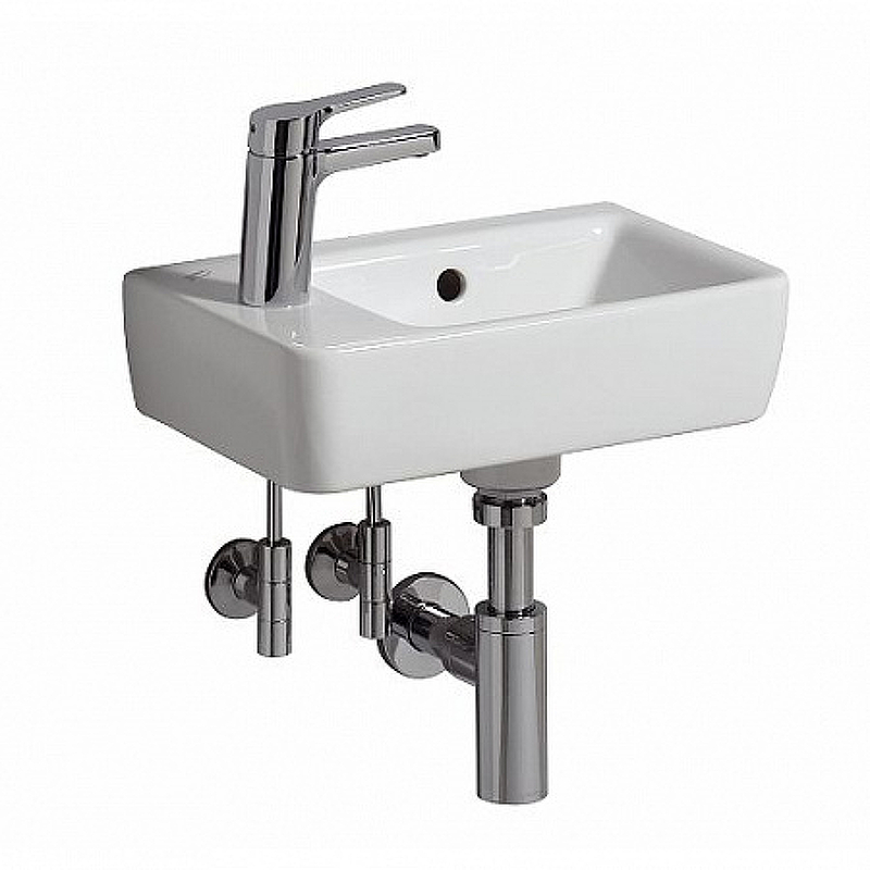 Раковина Geberit Renova Compact, с укороченным вылетом: Белый, B=40см, H=15см, T=25см, Отверстие под смеситель=Левая, Перелив=На виду, Полка=Без