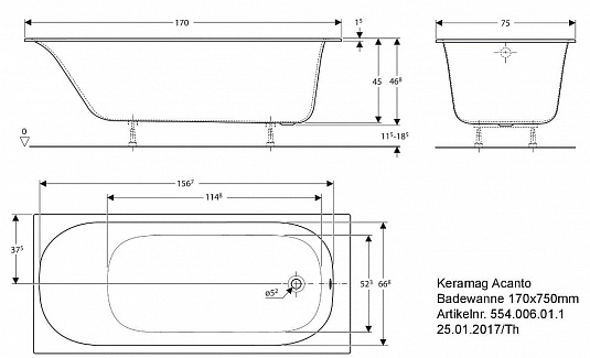 Прямоугольная ванна Geberit Soana, узкий край: L=170см, B=75см