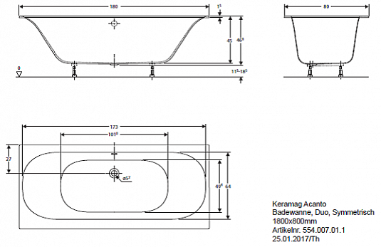 Geberit прямоугольная ванна TAWA, с тонким краем,: L=170см, B=70см