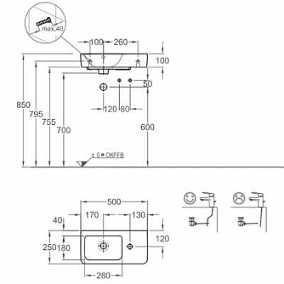 Раковина Geberit Renova Compact, с укороченным вылетом: Белый, B=50см, H=15см, T=25см, Отверстие под смеситель=Правая, Перелив=На виду, Полка=Без