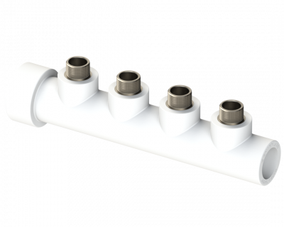 Коллектор PP НР с 4-мя выходом Dу 63X3/4" - белый, никелированный, SPL-EmirPlast