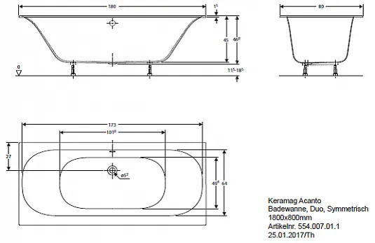 Geberit прямоугольная ванна TAWA, с тонким краем,: L=170см, B=70см