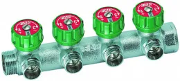 Коллектор регулирующий проходной MULTIFAR размером 3/4", кол-во отводов 4 шт., резьба на отводах 1/2" под плоскую прокладку